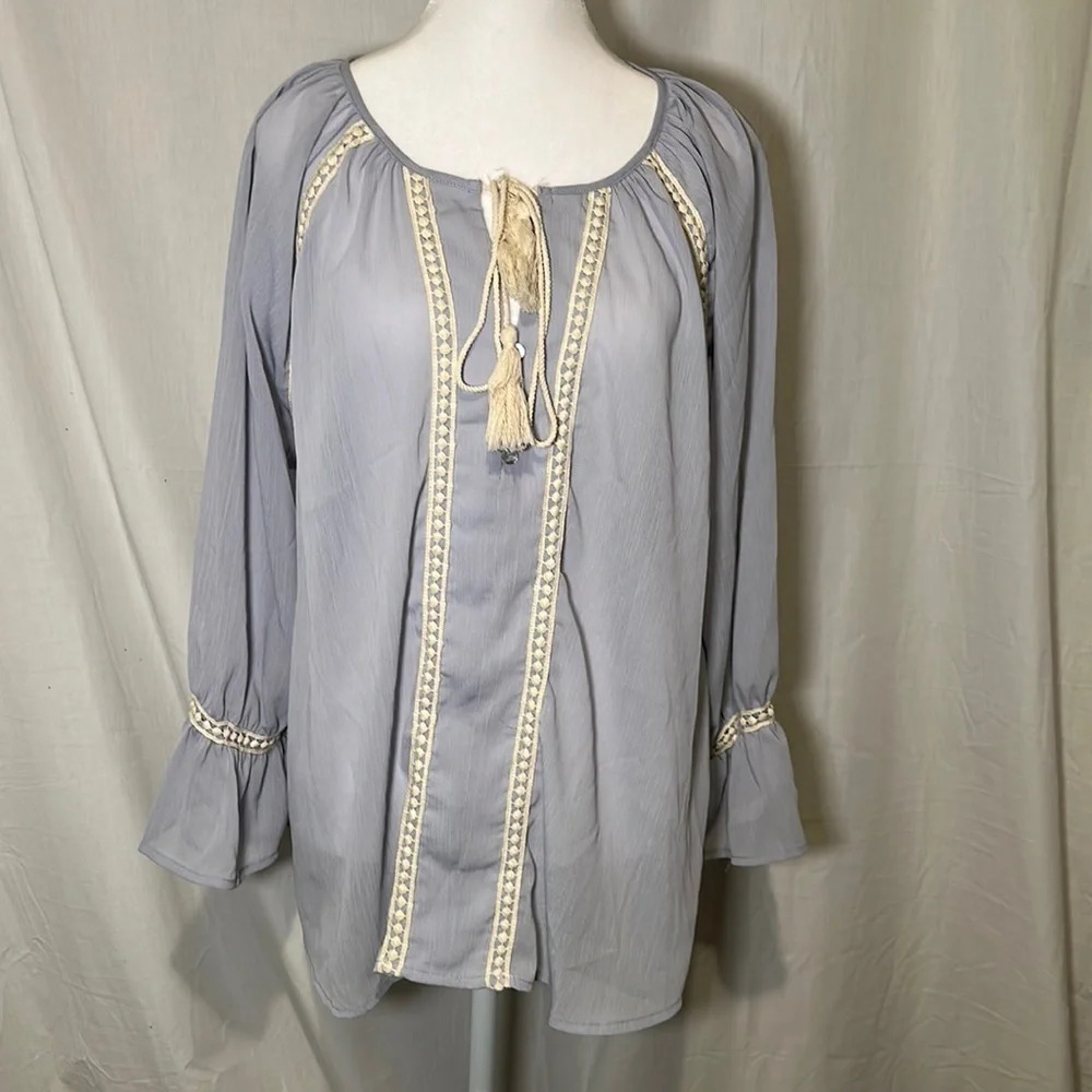 light blue semi sheer long sleeve Entro top size large